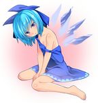  barefoot blue_eyes blue_hair blush bow cirno dress hair_bow head_tilt ice ice_wings looking_at_viewer pinafore_dress riputon_(lipton_sabou) short_hair sitting solo strap_slip touhou wariza wings 