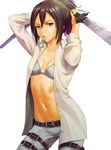  adjusting_hair arms_up belt black_eyes black_hair bra dress_shirt dual_wielding hair_tie highres holding leg_belt looking_at_viewer mikasa_ackerman misakamitoko0903 mouth_hold multiple_belts navel open_clothes open_shirt pants ponytail shingeki_no_kyojin shirt short_hair simple_background solo sword thigh_strap underwear weapon 