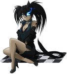  animal_ears bell black_hair black_rock_shooter blue_eyes cat_ears cleavage clothed clothing collar eyewear female fire glasses glowing glowing_eyes hair heels human long_hair looking_at_viewer mammal plain_background signature sitting skirt solo tattoo thebumbler transparent_background voluptuous wide_hips 