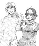  1girl belt bud_(korovsme) diego_brando fang flower gloves graphite_(medium) greyscale hat hot_pants_(sbr) jojo_no_kimyou_na_bouken monochrome short_hair smile steel_ball_run traditional_media turtleneck 