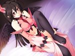  1girl bare_shoulders bed benimura_karu black_hair breasts bunny_black demon feet game_cg happy hecate_(bunny_black) highres horn legs long_hair looking_at_viewer navel no_shoes red_eyes sitting smile solo thighhighs thighs tighs wings 