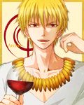  alcohol bad_id bad_pixiv_id blonde_hair command_spell cup drinking_glass fate/zero fate_(series) gilgamesh jewelry leopon male_focus necklace red_eyes solo wine wine_glass 