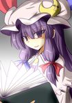 book capelet commentary_request crescent goma_(gomasamune) hat long_hair open_mouth patchouli_knowledge purple_eyes purple_hair smile smirk solo touhou upper_body 