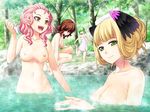  4girls areolae bath benimura_karu blonde_hair blush breasts brown_eyes brown_hair bunny_black_2 collarbone faceless female forest game_cg green_eyes green_hair highres large_breasts leg_lift light_smile looking_at_viewer looking_away multiple_girls naked_towel nature navel nipples nude onsen open_mouth outdoors panties panties_around_leg partially_submerged pink_hair pointy_ears shared_bathing short_hair smile squatting standing steam submerged towel tree trees underwear wading water wet 