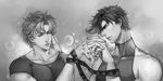  bubble caesar_anthonio_zeppeli dkaki facial_mark greyscale highres jojo_no_kimyou_na_bouken joseph_joestar_(young) monochrome multiple_boys ribbon 