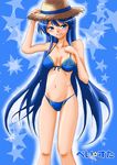  bad_id bad_pixiv_id bikini blue_eyes blue_hair breasts cocoon_(tsugaken) hat highres long_hair nippon_professional_baseball original solo swimsuit very_long_hair yokohama_dena_baystars 