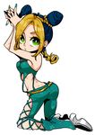  ass bad_id bad_pixiv_id black_hair blonde_hair double_bun green_eyes green_lipstick highres jojo_no_kimyou_na_bouken kuujou_jolyne lipstick makeup midriff multicolored_hair nail_polish nanafushi solo stone_ocean two-tone_hair 