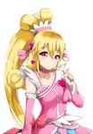  aida_mana blonde_hair bow cure_heart dokidoki!_precure hair_ornament hair_twirling half_updo heart heart_hair_ornament highres long_hair pink_bow pink_eyes pink_sleeves ponytail precure red_eyes simple_background smile solo trex97 white_background 