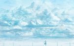 blue cloud day dress long_hair monochrome original ponytail sakimori_(hououbds) scenery silhouette sky solo standing 