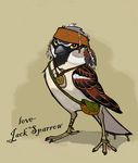  beak bird feral furrification headband house_sparrow humor jack_sparrow killintyme male pirate plain_background pun solo sparrow tan_background wings 