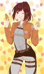  belt bread brown_eyes brown_hair eating emblem food heart insignia jacket leg_belt lovelove1869 multiple_belts one_eye_closed paradis_military_uniform ponytail sasha_braus shingeki_no_kyojin solo thigh_strap training_corps_(emblem) white_background 