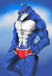  5_fingers abs anime anthro biceps big_muscles black_eyes black_nose black_skin blue_background blue_fur bulge canine claws clothed clothing digimon fur half-dressed half_nude happy hi_res japanese looking_at_viewer looking_down machgaogamon male mammal manly muscles navel necklace nipples pecs pink_skin plain_background shadow sharp_teeth shiny skin smile sollynaka_(pixiv) solo standing teeth underwear unknown_artist white_background white_eyes white_fur wolf yellow_eyes 