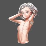  armpits arms_up blush bobomaster breasts close-up cross grey_eyes jewelry navel necklace nipples nude open_mouth original short_hair silver_eyes silver_hair simple_background small_breasts solo wet 