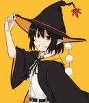  black_hair cloak dated dress_shirt grin hat kawashina_(momen_silicon) leaf looking_at_viewer orange_background pointy_ears red_eyes shameimaru_aya shirt short_hair simple_background smile solo touhou witch_hat 