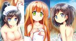  3girls azuki_azusa black_hair blonde_hair blue_eyes blush breast_hold breasts cherry_blossoms cleavage collarbone commentary_request covering green_eyes hentai_ouji_to_warawanai_neko. kashi large_breasts long_hair multiple_girls night nude_cover onsen ponytail side_ponytail sky small_breasts topless towel tsutsukakushi_tsukiko tsutsukakushi_tsukushi very_long_hair 