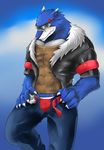  5_fingers abs anime anthro biceps big_muscles black_eyes black_nose black_skin blue_background blue_fur canine claws clothing digimon eyewear fur glasses happy hi_res japanese looking_at_viewer looking_down machgaogamon male mammal manly muscles pants pecs plain_background shadow sharp_teeth shiny skin smile sollynaka_(pixiv) solo standing teeth underwear undressing unknown_artist were werewolf white_background white_eyes white_fur wolf yellow_eyes 