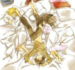  2boys armin_arlert barefoot bed chikinnu eren_yeager from_above lying mikasa_ackerman multiple_boys shingeki_no_kyojin sleeping 