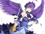  1girl bare_shoulders benimura_karu breasts bunny_black_2 cleavage dress game_cg gloves highres looking_at_viewer purple_hair serious short_hair simple_background solo standing sword weapon white_background wings yellow_eyes 