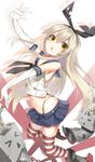  &gt;_&lt; arm_up blonde_hair chestnut_mouth closed_eyes elbow_gloves gloves hairband highres kantai_collection long_hair navel open_mouth rensouhou-chan shimakaze_(kantai_collection) skindentation skirt solo striped striped_legwear thighhighs triangle_mouth white_gloves yuukyuu_ponzu 