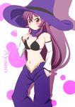  bare_shoulders bikini_top blush brown_eyes cosplay detached_sleeves hat highres long_hair midriff navel purple_hair rivalun rivalun_(cosplay) scarf solo sugiura_ayano tatsuya_(guild_plus) witch_hat yuru_yuri 