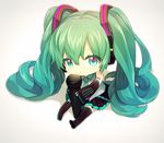  boots chibi detached_sleeves green_eyes green_hair hatsune_miku headphones kyama long_hair microphone necktie sitting skirt solo thigh_boots thighhighs twintails very_long_hair vocaloid 