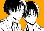  black_hair closed_mouth eren_yeager expressionless jacket kayasaki_sakura levi_(shingeki_no_kyojin) looking_afar looking_at_viewer monochrome multiple_boys shingeki_no_kyojin short_hair simple_background uniform upper_body yellow_background 