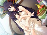 2girls age_difference apple banana bare_shoulders basket benimura_karu breasts bunny_black dress flat_chest flower food fruit game_cg highres large_breasts long_hair mother_and_daughter multiple_girls purple_hair short_hair sitting sitting_on_person smile vase yellow_eyes 