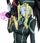  1girl animal animal_on_shoulder bird bird_on_shoulder biting blonde_hair blue_skin blush breast_biting breasts breath elisa_domel gabri-l gamilas green_eyes hat large_breasts long_hair nail_polish pink_nails rokrhok_bird sweat uchuu_senkan_yamato uchuu_senkan_yamato_2199 wince 