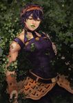  aruolrn belt black_hair choker closed_eyes clover eyelashes headband jojo_no_kimyou_na_bouken lipstick makeup male_focus narancia_ghirga realistic solo wristband 