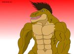  abs abstract_background anthro biceps blue_eyes brown_hair brown_skin dinosaur fangs hair jonathan_alexander male maxime-jeanne muscles nude open_mouth pecs plain_background pose red_background reptile scales scalie solo standing teeth toned tongue tyrannosaurus_rex vein white_background 