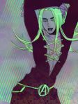  black_lipstick green_hair hat jojo_no_kimyou_na_bouken leone_abbacchio lipstick long_hair makeup male_focus pose solo tit_horse 