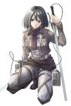  belt black_eyes black_hair boots dual_wielding emblem holding md5_mismatch mikasa_ackerman paradis_military_uniform scarf shingeki_no_kyojin short_hair solo sword thigh_strap training_corps_(emblem) weapon yamagami_mozuku 