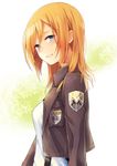  blonde_hair blue_eyes blush christa_renz emblem eyebrows_visible_through_hair jacket long_hair looking_at_viewer ocha_(hutuumikan) open_clothes open_jacket paradis_military_uniform shingeki_no_kyojin solo training_corps_(emblem) 