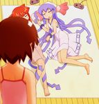  aizawa_eiko barefoot blue_eyes blue_hair blurry brown_hair closed_eyes controller depth_of_field dress game_controller gamepad highres ikamusume long_hair long_legs lying multiple_girls nagatsuki_sanae pillow red_eyes red_hair sat-c shinryaku!_ikamusume shorts shrimp sleeping tentacle_hair 