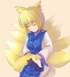  animal animal_ears animal_on_lap blonde_hair breasts cat chen chen_(cat) closed_eyes dress eyelashes fox_ears fox_tail holding_own_tail jewelry koissa long_sleeves medium_breasts multiple_tails no_hat no_headwear pink_background seiza short_hair single_earring sitting sleeping smile tabard tail touhou wide_sleeves yakumo_ran 