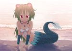  bare_shoulders clam green_hair highres isou_nagi long_hair mermaid monster_girl muromi-san namiuchigiwa_no_muromi-san navel red_eyes seashell shell smile solo twintails very_long_hair waves 