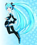  ahoge aqua_hair blue_eyes boots detached_sleeves hatsune_miku headphones long_hair looking_back open_mouth skirt solo thigh_boots thighhighs twintails very_long_hair vocaloid yuta1147 