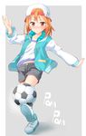  backwards_hat ball blush brown_eyes collarbone hair_through_headwear hat hood hoodie idolmaster idolmaster_cinderella_girls long_sleeves navel open_clothes open_hoodie orange_hair short_hair shorts soccer_ball solo takasaka_donten telstar yuuki_haru 