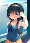  armpits bad_id bad_pixiv_id bag black_hair blue_eyes blush bookbag bracelet copyright_request dancho_(dancyo) hairband jewelry road shirt short_hair sleeveless sleeveless_shirt smile solo standing street walking 