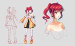  blue_eyes character_sheet detached_sleeves dress gloves grey_background highres long_hair lychee_(doomfest) mismatched_sleeves multiple_views original pigeon-toed red_hair saimon_ma single_glove sketch thighhighs turnaround white_legwear zettai_ryouiki 