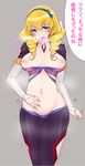  blonde_hair blush bridal_gauntlets condom condom_in_mouth drill_hair green_eyes groin hairband kakumeiki_valvrave midriff mouth_hold navel ninomiya_takahi solo solopipb sweat translation_request trembling 