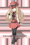  1girl alternate_clothing alternate_costume armpit armpits belt black_boots black_jacket blonde_hair boots bracelet breasts buttons copyright_name geru goggles green_eyes hat jacket jewelry long_hair medium_breasts pink_background poke_ball pokeball pokemon pokemon_(game) pokemon_xy red_belt red_jacket red_skirt ribbon serena_(pokemon) shadow shirt shy skirt smile solo standing text thighhighs tight tight_shirt wristband 