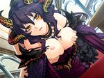  1girl all_fours areolae bare_shoulders benimura_karu blush breast_grab breasts bunny_black demon dress game_cg grabbing highres horn large_breasts long_hair looking_at_viewer nipples no_bra open_mouth purple_hair sweat yellow_eyes 