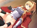  1boy 1girl angry armor benimura_karu blonde_hair blue_eyes blush breasts bunny_black_2 cape censored cross cross_necklace game_cg gloves highres hips legs long_hair looking_down lying no_panties penis pussy sex shadow thighs vaginal 