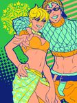  1girl argyle argyle_sweater belt blonde_hair choker guido_mista hat jojo_no_kimyou_na_bouken midriff short_hair skirt smile sunglasses sweater tit_horse trish_una turtleneck vento_aureo 