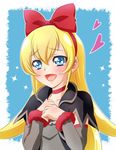  :d blonde_hair blue-fin blue_background blue_eyes blush dokidoki!_precure hand_on_own_chest headband heart long_hair open_mouth precure red_ribbon regina_(dokidoki!_precure) ribbon smile solo sparkle upper_body 