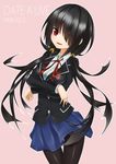  :d absurdres black_hair blue_skirt character_name crossed_arms date_a_live english hair_over_one_eye heterochromia highres long_hair long_sleeves looking_at_viewer neko7 open_mouth pantyhose pink_background red_eyes red_ribbon ribbon school_uniform skirt smile solo thigh_gap tokisaki_kurumi twintails yellow_eyes 