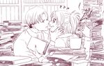  1girl ascot blurry blush book book_stack bookshelf chin_grab cup depth_of_field face-to-face flying_sweatdrops glasses hange_zoe holding holding_book imminent_kiss levi_(shingeki_no_kyojin) monochrome mug noah_(livas) shingeki_no_kyojin sweatdrop too_many too_many_books 