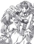  bare_shoulders blush elbow_gloves from_behind furikawa_arika gloves greyscale looking_at_viewer looking_back macross macross_frontier microphone monochrome multiple_girls music ranka_lee sheryl_nome short_hair simple_background singing standing tareme white_background 