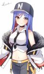  1girl aticsanir baseball_cap black_necktie blue_hair breasts cargo_pants collared_shirt cowboy_shot fur-trimmed_jacket fur_trim grey_eyes hat highres jacket kantai_collection long_hair long_sleeves multicolored_hair multicolored_jacket navel necktie official_alternate_costume pants red_hair shirt sleeveless solo south_dakota_(kancolle) south_dakota_(valentine)_(kancolle) twitter_username white_hair white_shirt 